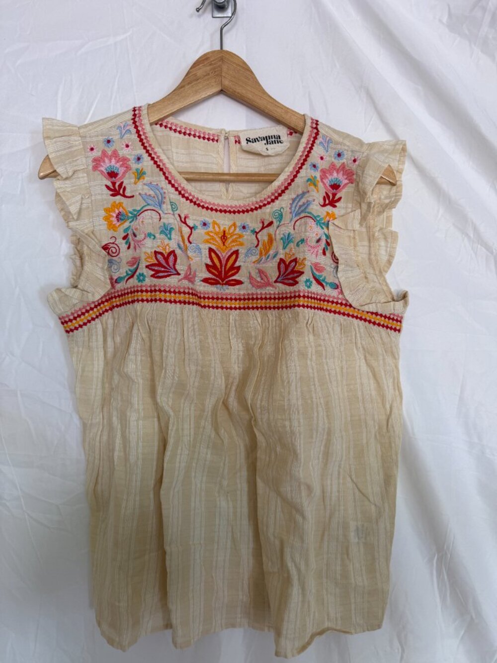 Savanna Jane White Embroidered Patchwork Boho Top Floral Geometric Size S